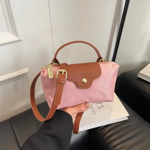 2025 New Women Minimalist Oxford Cloth Crossbody Bag Colorblock Patchwork Dumpling Bag With PU Leather Trim Small Tote Bag