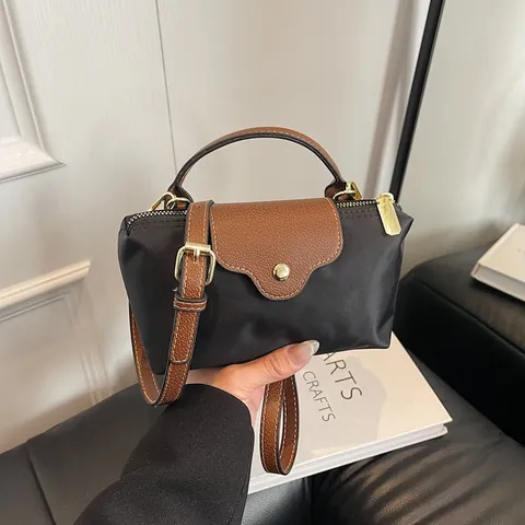 2025 New Women Minimalist Oxford Cloth Crossbody Bag Colorblock Patchwork Dumpling Bag With PU Leather Trim Small Tote Bag