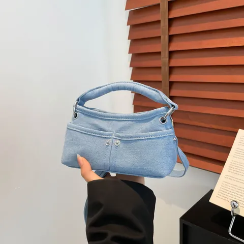 Women's Mini Canvas Shoulder Bag Y2K Retro Denim Handbag Adjustable Strap Rivet Casual Square Crossbody Bag Fashion Tote