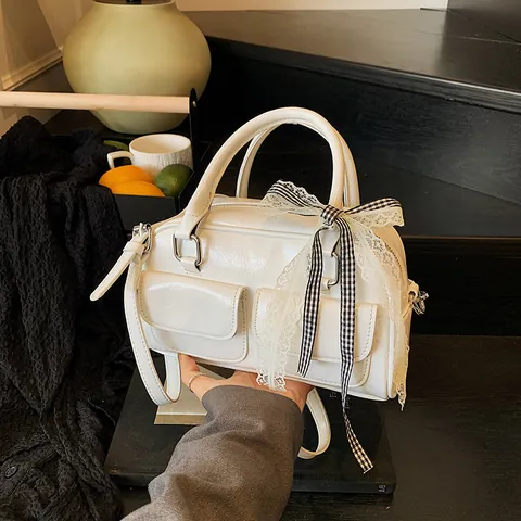 Damen PU Leder Boston Handtasche Mit Spitze Karierter Schleife Dekor Casual Schulter Umhängetasche Geräumige Bowling Bag