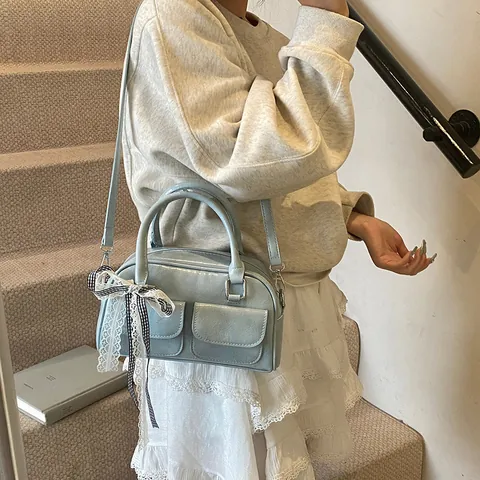 Damen PU Leder Boston Handtasche Mit Spitze Karierter Schleife Dekor Casual Schulter Umhängetasche Geräumige Bowling Bag