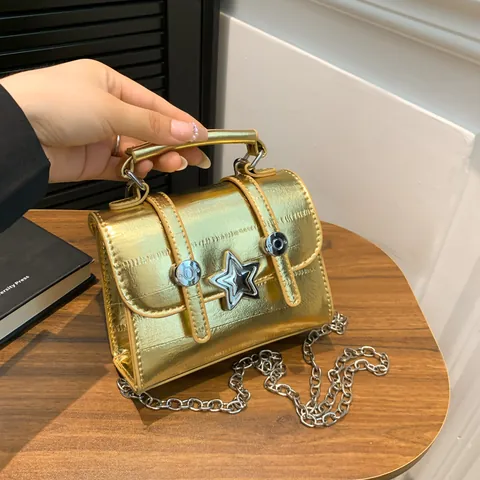 Women Metallic Y2K Mini Cambridge Bag Star Buckle Crossbody Bag Small Square Bag With Chain Strap PU Leather Handbag