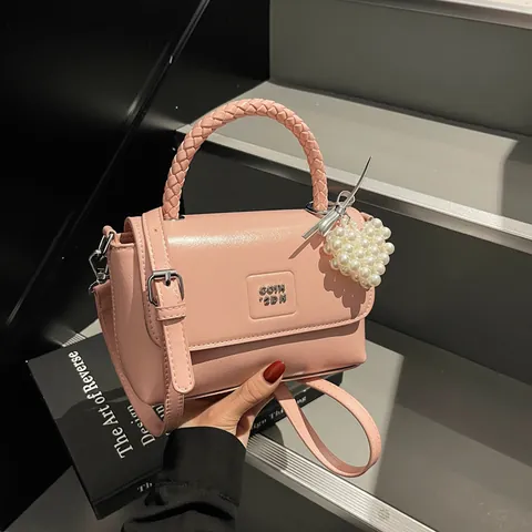 Women Trendy PU Leather Small Square Bag With Woven Handle Pearl Heart Charm Crossbody Shoulder Handbag For Daily Match