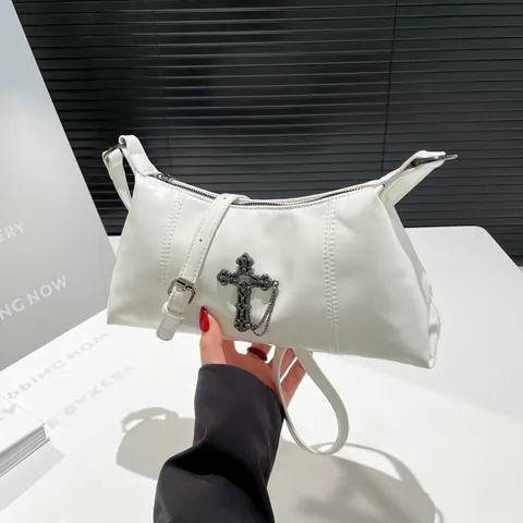 Vintage Gothic Cross Underarm Bag Shiny PU Leather Shoulder Bag For Women Streetwear Y2K Baguette Bag Metal Chain Zip