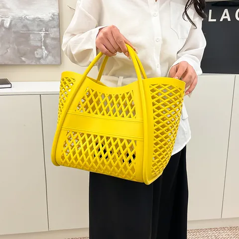 Bolso Tote de Malla de PVC Calado para Mujer Playa Verano Compras Bolso de Mano Color Sólido Gran Capacidad Cesta de Viaje Casual