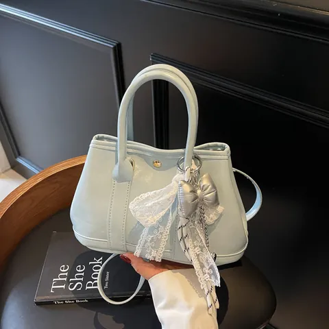 Women Korean Style PU Leather Handbag Sweet Lace Bow Decor Crossbody Shoulder Bag With Adjustable Strap Fashion Daily Tote