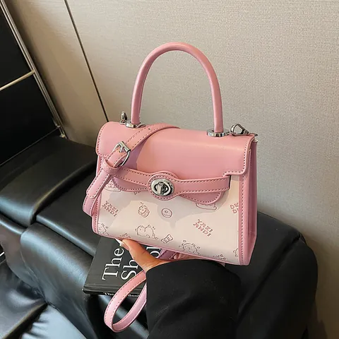 Cartoon Bear Printed PU Leather Small Square Bag Fashion Women Shoulder Crossbody Bag Cute Mini Handbag With Turn Lock