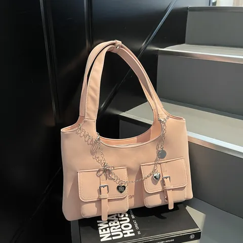Women Large Capacity PU Leather Tote Bag Fashion Sweet Cool Style Shoulder Bag With Heart Chain Charms Double Front Pockets Casual Commuting Bag
