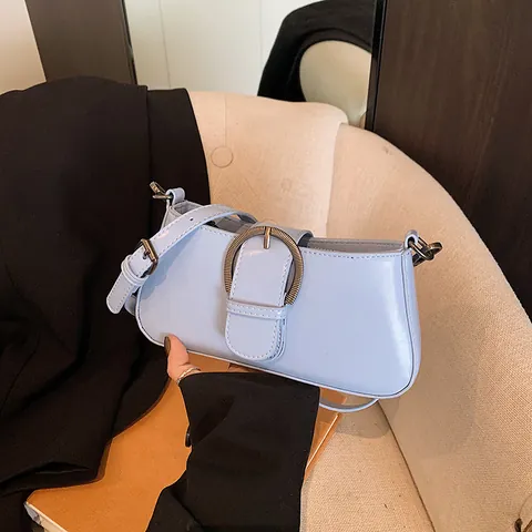 Minimalist PU Leather Underarm Bag For Women Small Baguette Shoulder Bag With Large Metal Buckle Vintage Commuting Handbag