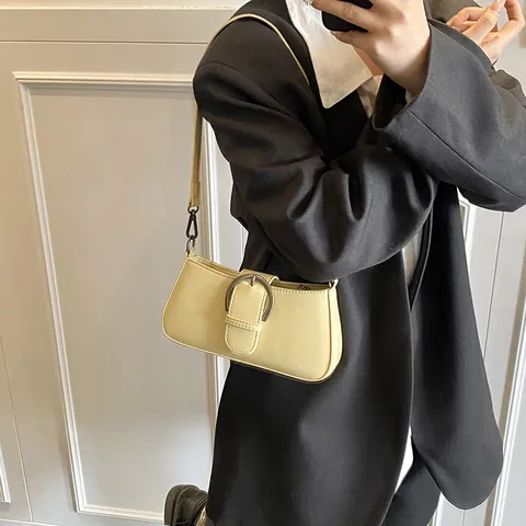 Minimalist PU Leather Underarm Bag For Women Small Baguette Shoulder Bag With Large Metal Buckle Vintage Commuting Handbag