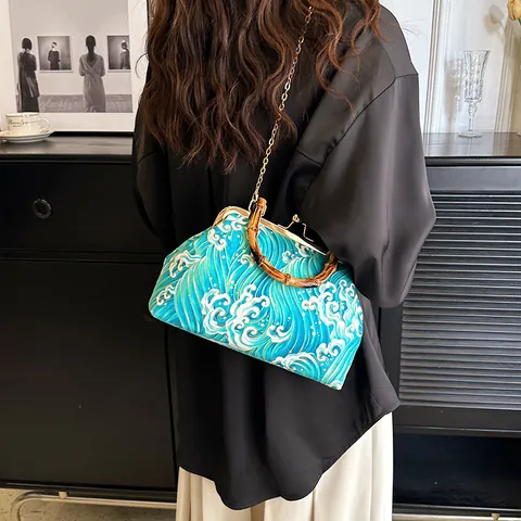 Women Vintage Japanese Wave Print Shoulder Bag With Bamboo Handle Kiss Lock Metal Chain Crossbody Handbag Fabric Bag