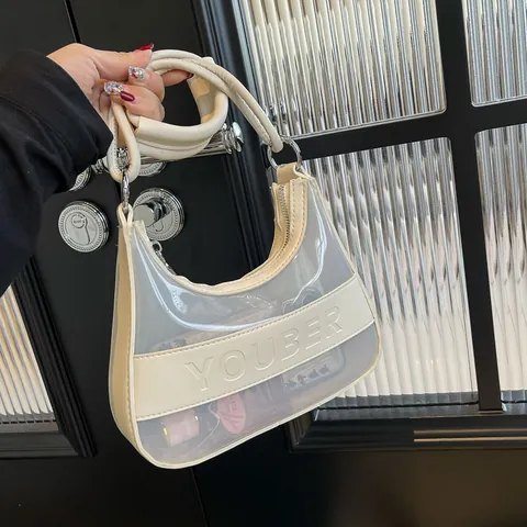 Women Transparent Jelly Underarm Bag PVC PU Splicing Shoulder Bag Fashion Letter Embossed Zipper Closure Handbag For Daily Use