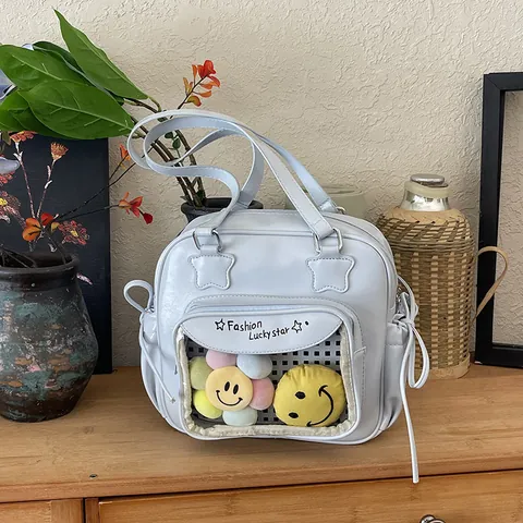 Women Fashion Lucky Star Ita Bag PU Leather Transparent Window Shoulder Bag Large Capacity Tote Bag Bow Decor Crossbody Bag
