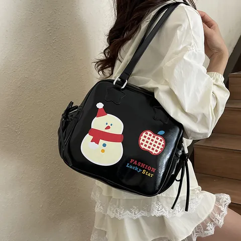 Women Fashion Lucky Star Ita Bag PU Leather Transparent Window Shoulder Bag Large Capacity Tote Bag Bow Decor Crossbody Bag