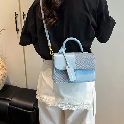 Women Stylish Spliced PU Leather Crossbody Bag Fashion Simple Small Square Handbag With Braided Texture Metallic Buckle Flap Shoulder Bag For Daily Commute