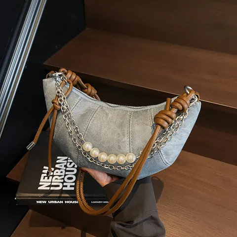 Women Croissant Bag Denim PU Leather Half Moon Shoulder Bag With Artificial Pearl Metal Chain Vintage Korean Underarm Crossbody Bag