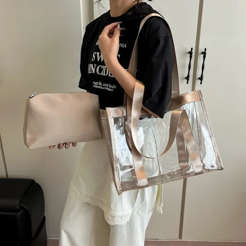 Large Capacity Transparent PVC Tote Bag For Women Waterproof 2-in-1 Beach Bag With Inner Pouch Underarm Bag Travel Shopping