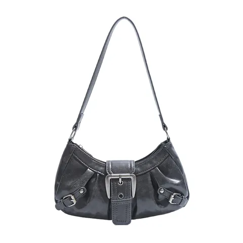 Borsa a Spalla Hobo in Pelle PU Vintage Y2K Con Grande Fibbia in Metallo Plissettata Stile Wasteland Retrò Donna