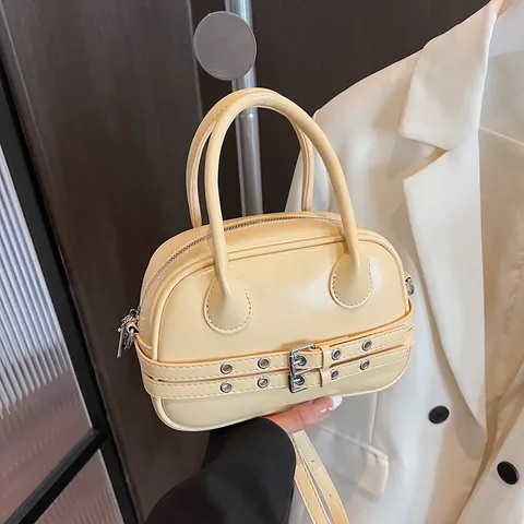 Women Fashion PU Leather Small Square Bag Belt Decoration Metal Eyelets Double Handles Detachable Strap Crossbody Handbag