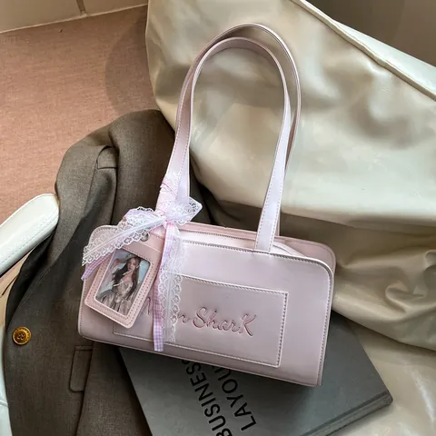Women Trendy PU Leather Underarm Bag With Lace Bow Decor Y2K Style Solid Color Shoulder Bag For Commuter Girls Daily Use