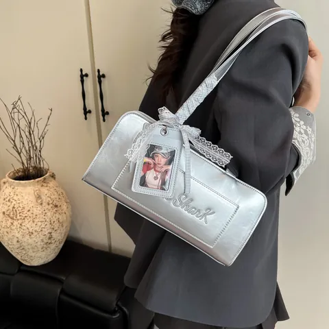 Women Trendy PU Leather Underarm Bag With Lace Bow Decor Y2K Style Solid Color Shoulder Bag For Commuter Girls Daily Use
