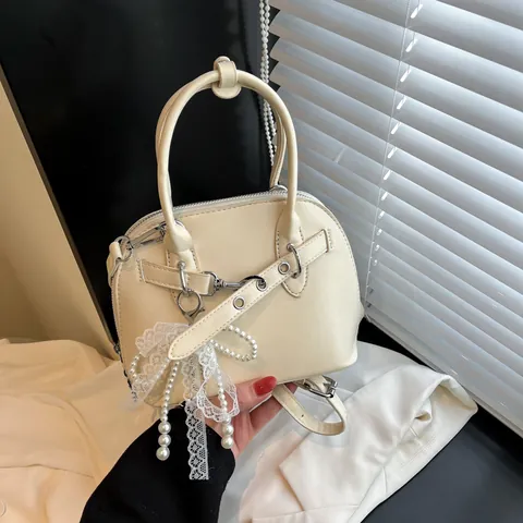 Sac à Main Coquille Femme Nœud Perlé Cuir PU Doux Sac à Bandoulière Mode Minimaliste Petit Sac Fourre-Tout Usage Quotidien