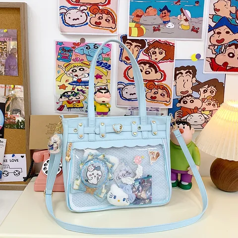 Women Ita Bag Clear Transparent Window Tote Bag Heart Studs PU Leather Crossbody Shoulder Bag For Anime Fans Display Bag