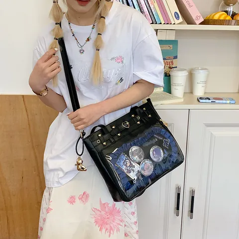 Women Ita Bag Clear Transparent Window Tote Bag Heart Studs PU Leather Crossbody Shoulder Bag For Anime Fans Display Bag