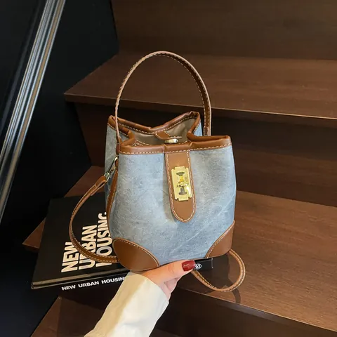 Bolso Tipo Cubo de Cuero PU Retro para Mujer Moda Color de Contraste Bolso Bandoulière Vintage Con Cierre de Metal