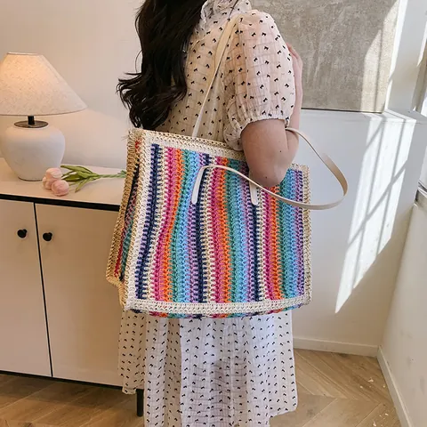 Sommer Regenbogen Gestreifte Stroh Tragetasche Große Kapazität Lässige Strand Umhängetasche Mit Reißverschluss Damen