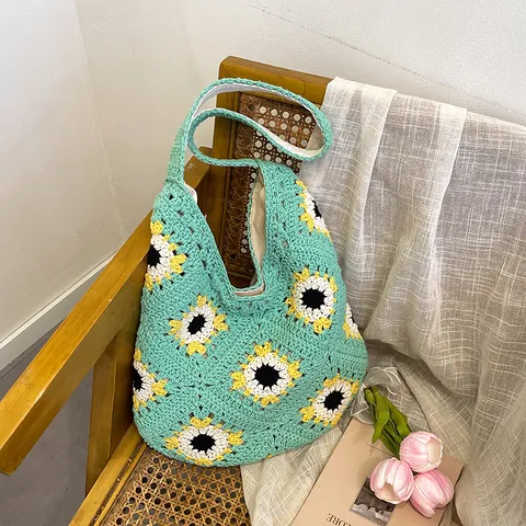 Handmade Crochet Sunflower Tote Bag Vintage Granny Square Knitted Shoulder Bag Bohemian Cotton Linen Hollow Out Handbag