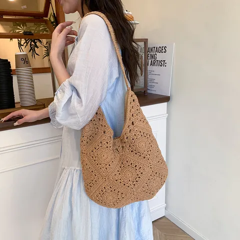 Handmade Crochet Sunflower Tote Bag Vintage Granny Square Knitted Shoulder Bag Bohemian Cotton Linen Hollow Out Handbag
