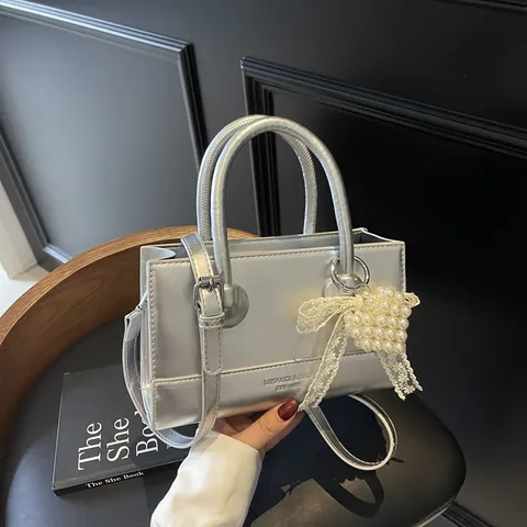 Women's Casual PU Leather Small Square Bag With Pearl Heart Charm Lace Bow Fashion Handheld Commuter Crossbody Shoulder Bag
