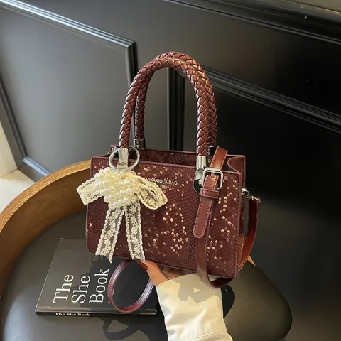 Bolso de Mano de Cuero PU con Patrón de Serpiente Vintage con Asa Tejida Colgante de Lazo de Perlas Artificiales Bandolera de Moda Mujer