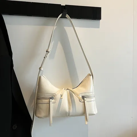 Women Minimalist PU Leather Underarm Bag Fashion Zipper Hobo Shoulder Bag With Long Puller Tassel Solid Color Daily Handbag