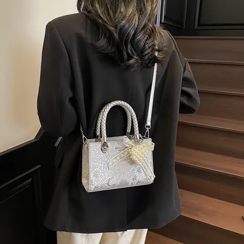 Bolso de Mano de Cuero PU con Patrón de Serpiente Vintage con Asa Tejida Colgante de Lazo de Perlas Artificiales Bandolera de Moda Mujer