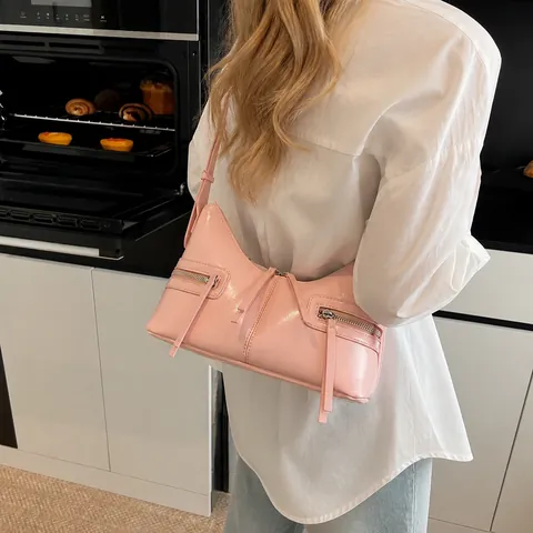 Bolso de Hombro Minimalista de Cuero PU para Mujer Bolso Hobo de Moda con Cremallera y Borla Larga Color Sólido