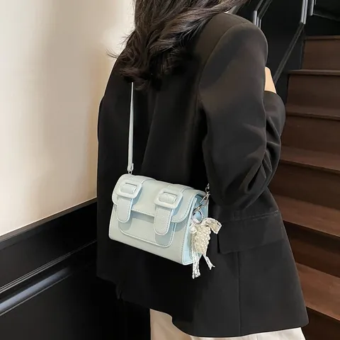 Women Litchi Pattern PU Leather Crossbody Bag Small Square Cambridge Bag With Artificial Pearl Lace Charm Urban Minimalist Shoulder Bag