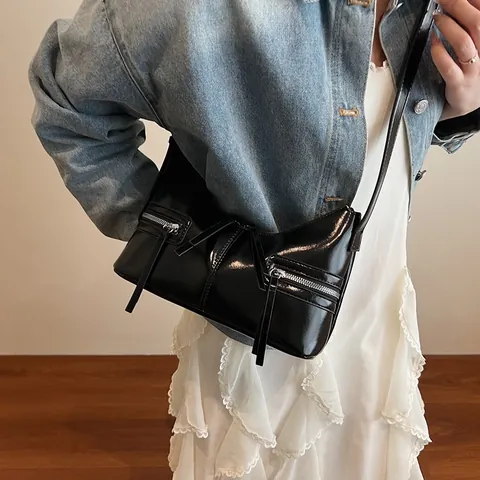 Women Minimalist PU Leather Underarm Bag Fashion Zipper Hobo Shoulder Bag With Long Puller Tassel Solid Color Daily Handbag