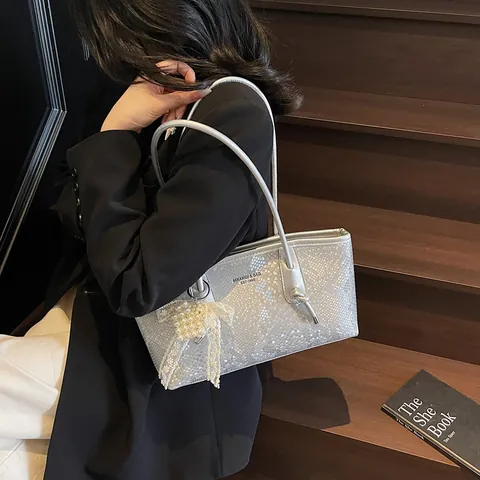 Women's Snake Pattern PU Leather Underarm Bag With Lace Bow Pearl Heart Pendant Chic Commuter Shoulder Tote Handbag