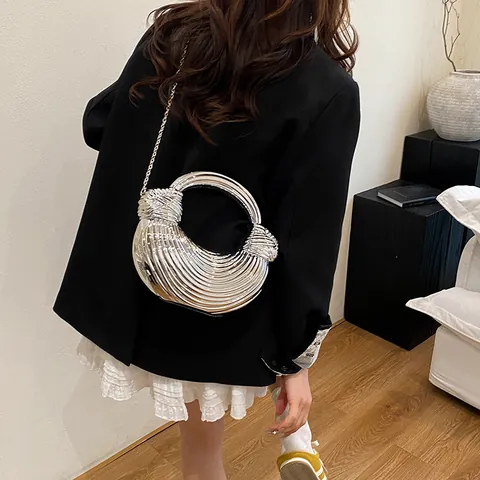 French Niche Metallic Iron Art Pleated Handbag For Women Noodle Bag Circular Handle Evening Party Shoulder Crossbody Bag With Chain