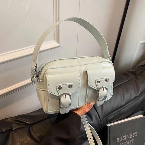 Bolso Bandolera de Moto Y2K para Mujer de Cuero PU Bolso de Mano para Cámara con Multi Bolsillos y Decoración de Remaches
