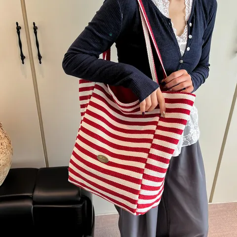 Damen Casual Gestreifte Segeltuch Tragetasche Große Kapazität Französischer Stil Umhängetasche Für Schule Shopping Reisen Handtasche