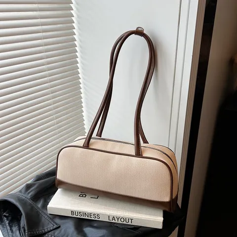 Damen Leinwand PU Patchwork Unterarmtasche Bowling Schultertasche Urban Minimalistisch Große Kapazität Pendler Alltagstasche Für Damen