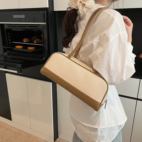 Borsa Sottobraccio Minimalista da Donna in Tela e Pelle PU Patchwork Grande Capacità Tracolla Casual Vintage per Quotidiano