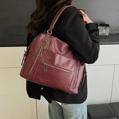 Vintage PU Leather Large Capacity Tote Bag For Women Multi Pocket Rivet Shoulder Bag Fashion Commuter Crossbody Handbag