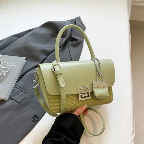 Women Vintage PU Leather Woven Patchwork Shoulder Bag Metal Buckle Square Commuter Handbag With Mini Charm Crossbody Bag