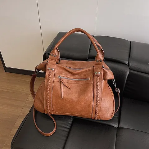 Borsa Tote da Moto Vintage Francese Donna Grande Capacità Pelle PU Borsa a Tracolla Con Cinturini Intrecciati Rivetti