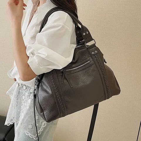 Borsa Tote da Moto Vintage Francese Donna Grande Capacità Pelle PU Borsa a Tracolla Con Cinturini Intrecciati Rivetti