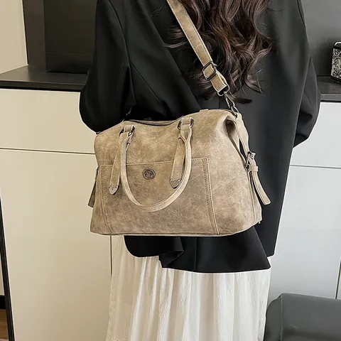 Damen Vintage Boston Handtasche Retro PU Leder Große Kapazität Tote Mit Verstellbarem Schultergurt Herz Metall Schnalle Dekor